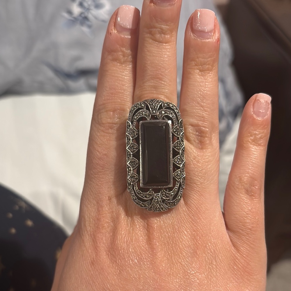 Onyx Marcasite Vintage sterling silver ring